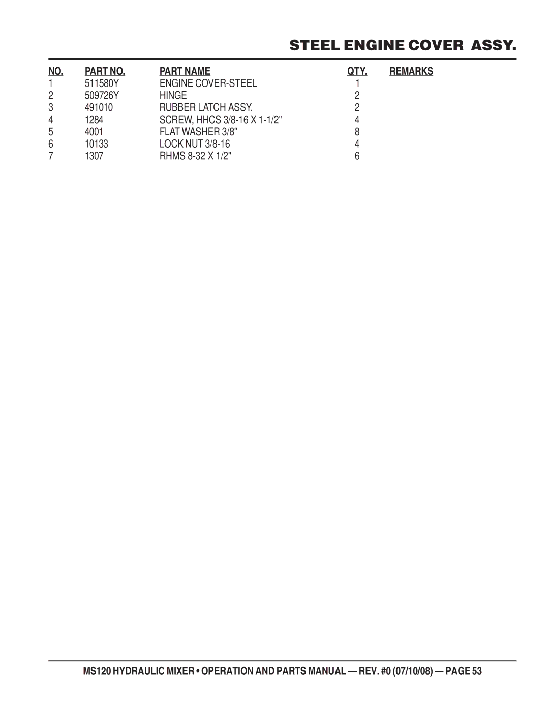 Stow MS120HD13, MS120H13 manual Engine COVER-STEEL, Hinge, Rubber Latch Assy, Flat Washer 3/8 