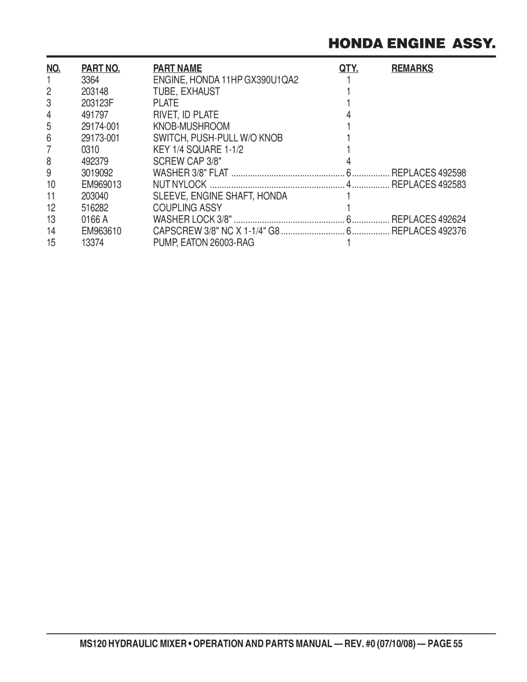 Stow MS120HD13, MS120H13 ENGINE, Honda 11HP GX390U1QA2, TUBE, Exhaust, RIVET, ID Plate, Knob-Mushroom, Screw CAP 3/8 