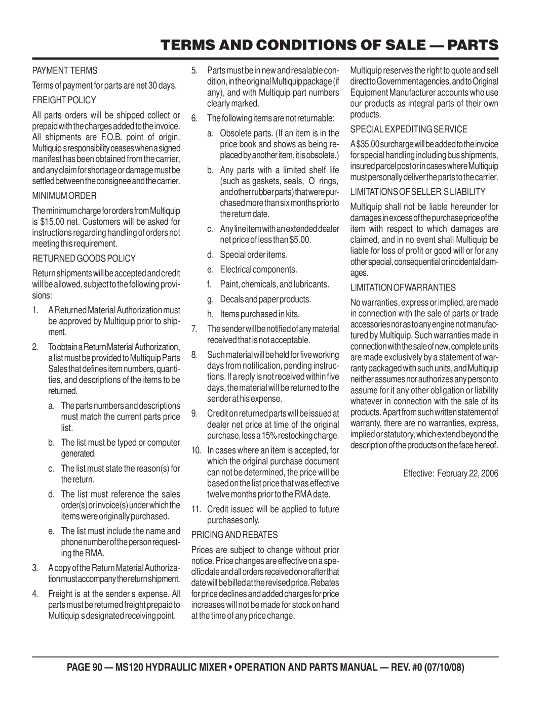 Stow MS120H13, MS120HD13 manual Terms and Conditions of Sale Parts, Freight Policy 