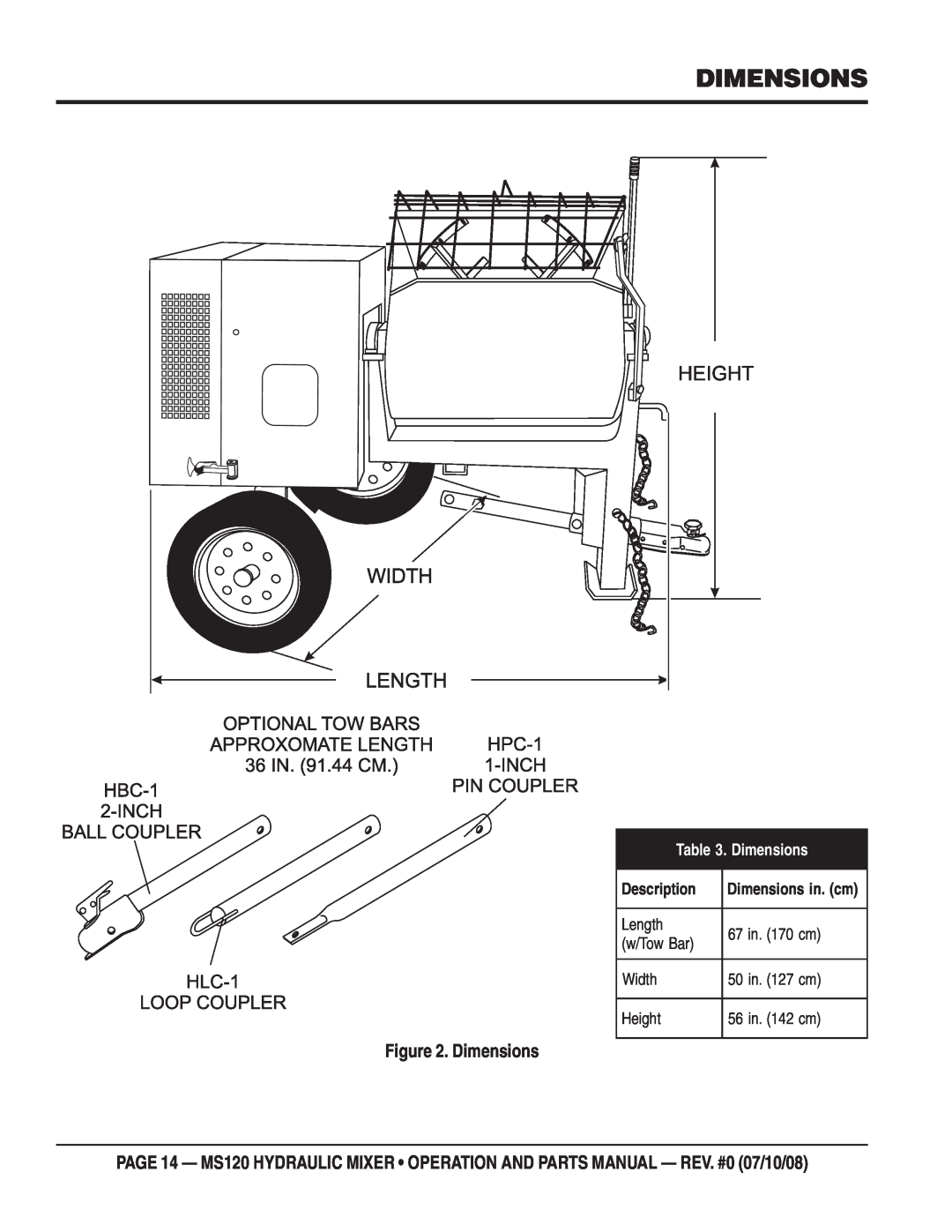 Stow MS120H13 manual Dimensions, Description, Length, 67 in. 170 cm, w/Tow Bar, Width, 50 in. 127 cm, Height, 56 in. 142 cm 