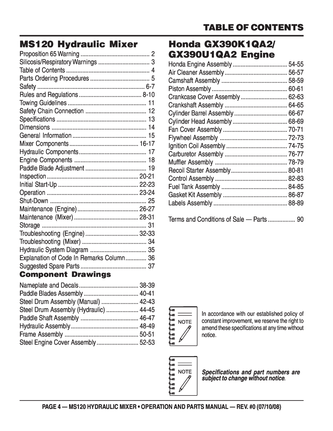 Stow MS120H13 Table Of Contents, Component Drawings, MS120 Hydraulic Mixer, Honda GX390K1QA2/ GX390U1QA2 Engine, 8-10 
