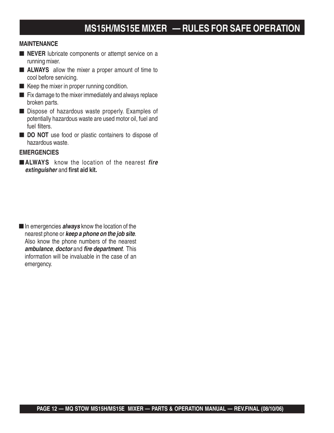 Stow MS15H5.5 manual MS15H/MS15E Mixer Rules for Safe Operation, Maintenance 