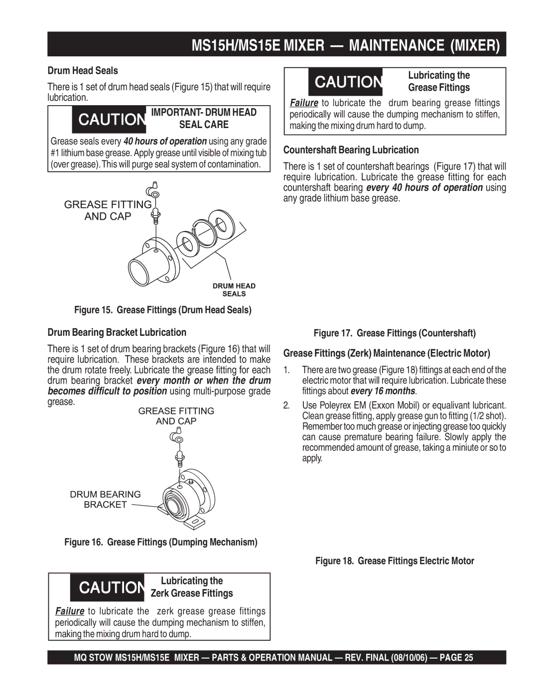 Stow MS15E, MS15H5.5 manual Drum Head Seals, Countershaft Bearing Lubrication, Drum Bearing Bracket Lubrication, Lubricating 