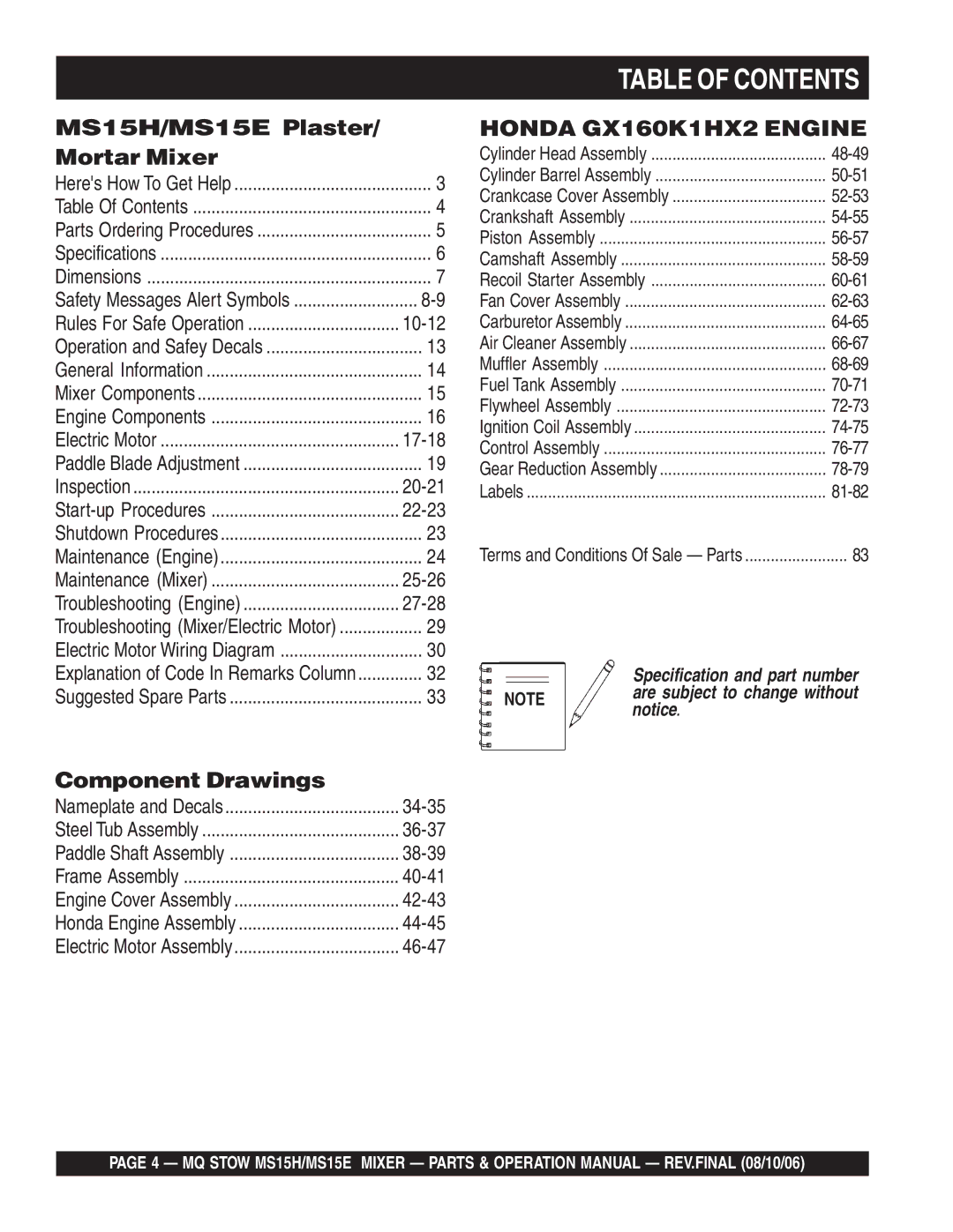 Stow MS15H5.5, MS15E manual Table of Contents 