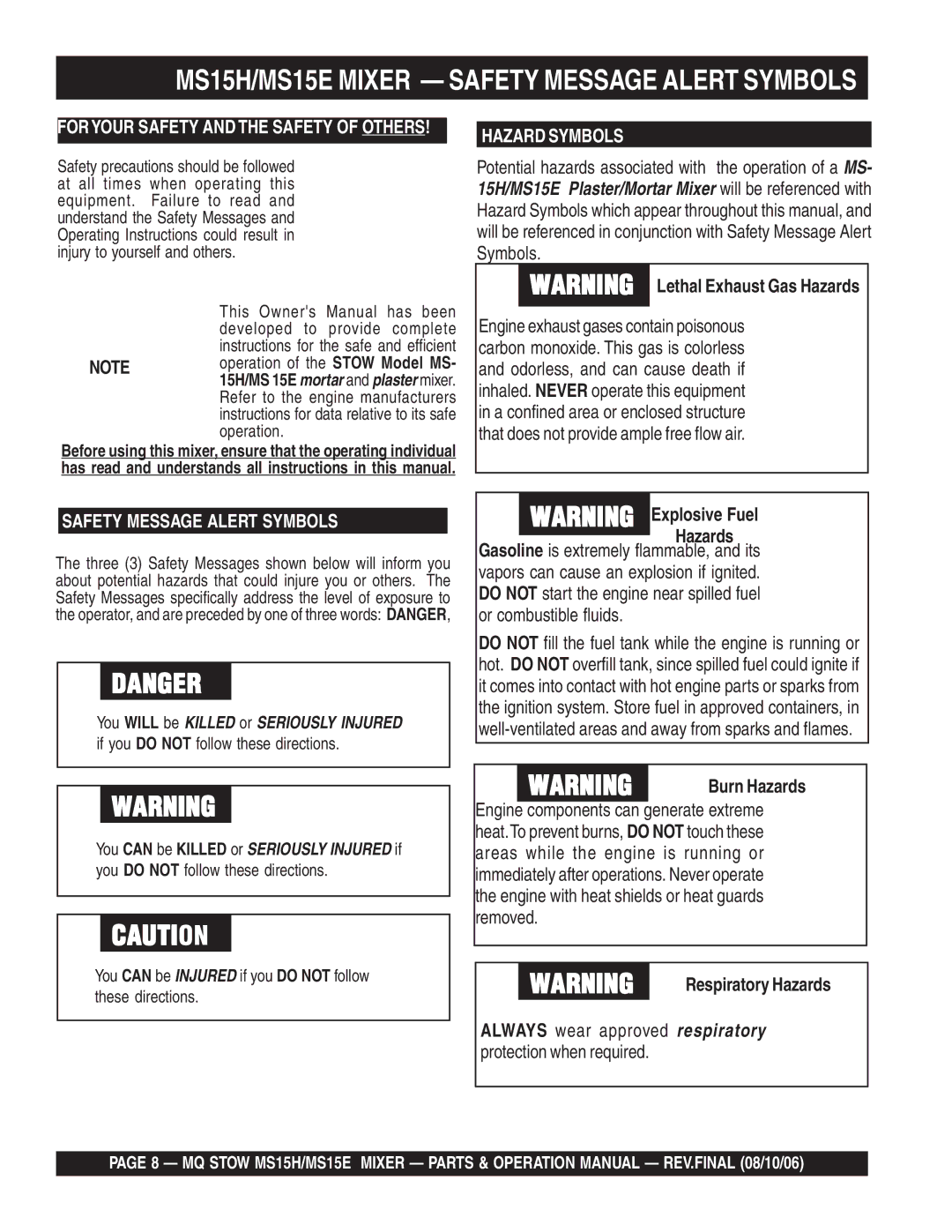 Stow MS15H5.5, MS15E manual Burn Hazards 