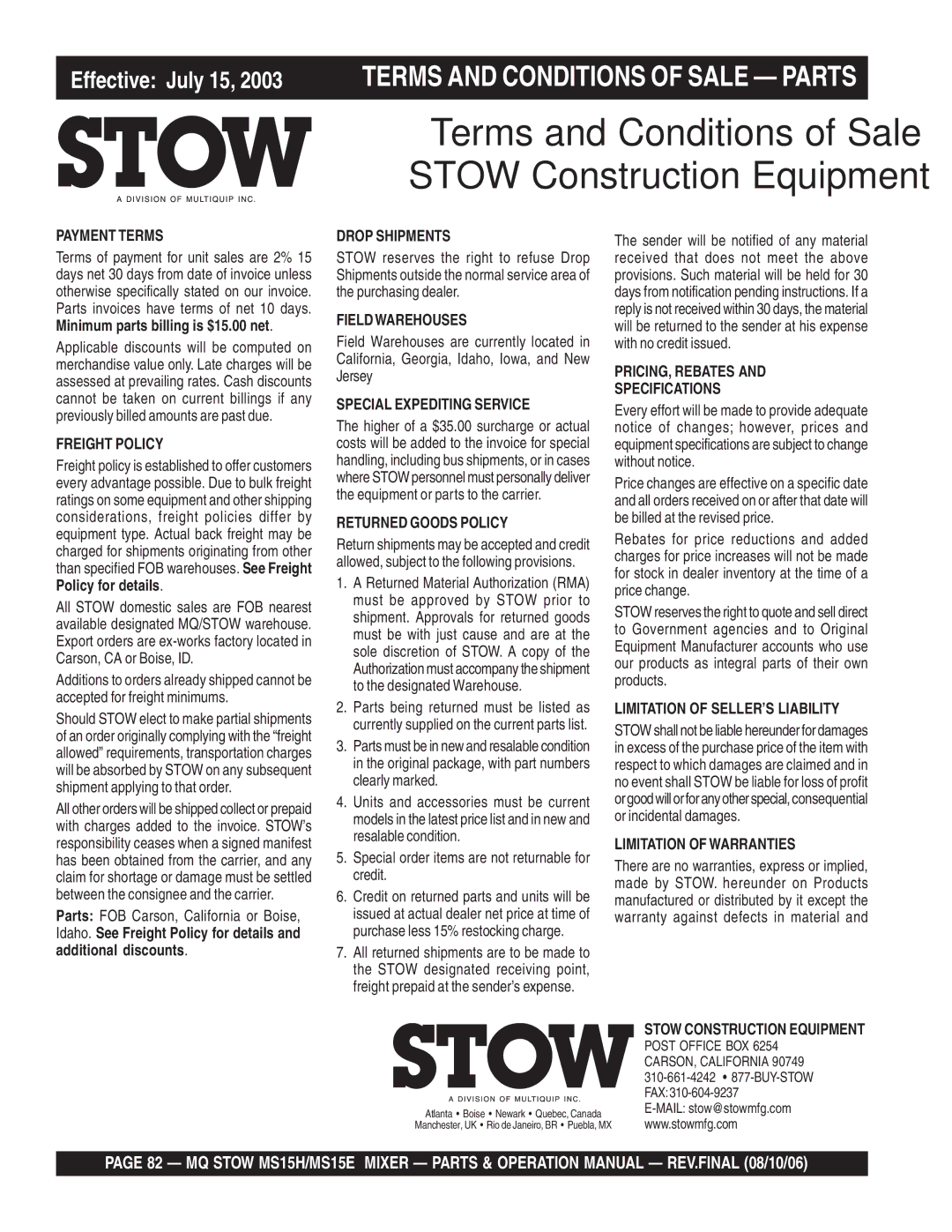 Stow MS15H5.5, MS15E manual Terms and Conditions of Sale Stow Construction Equipment 