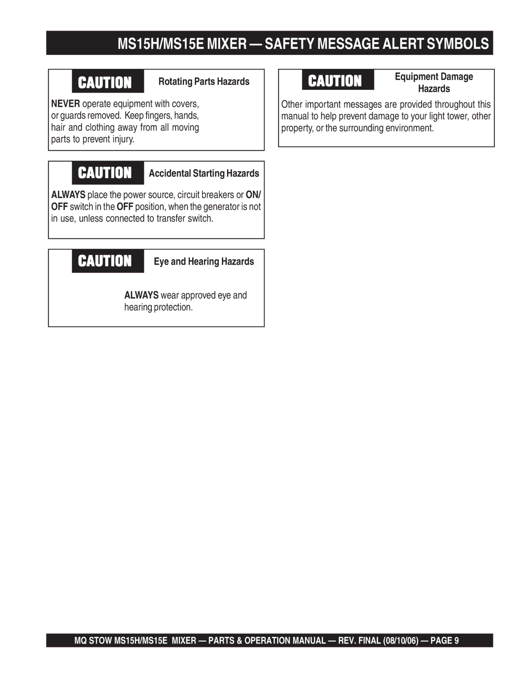 Stow MS15H5.5 manual MS15H/MS15E Mixer Safety Message Alert Symbols, Equipment Damage 