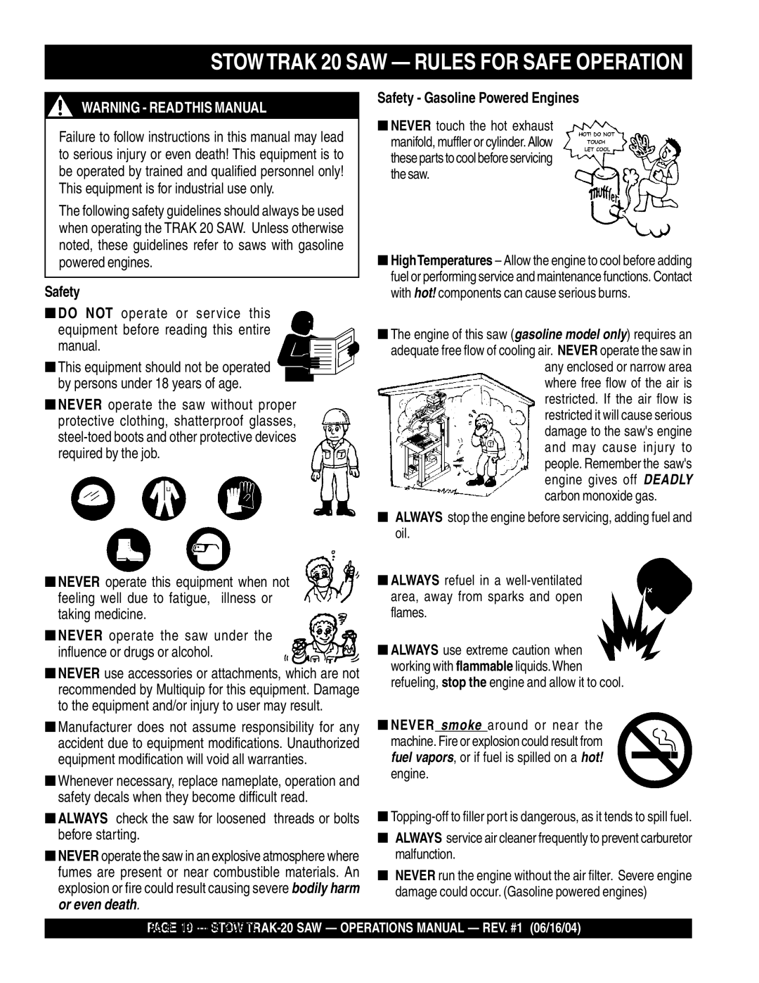 Stow MS2050E3, MS2090HP, MS2050E1 manual Stowtrak 20 SAW Rules for Safe Operation, Safety Gasoline Powered Engines 
