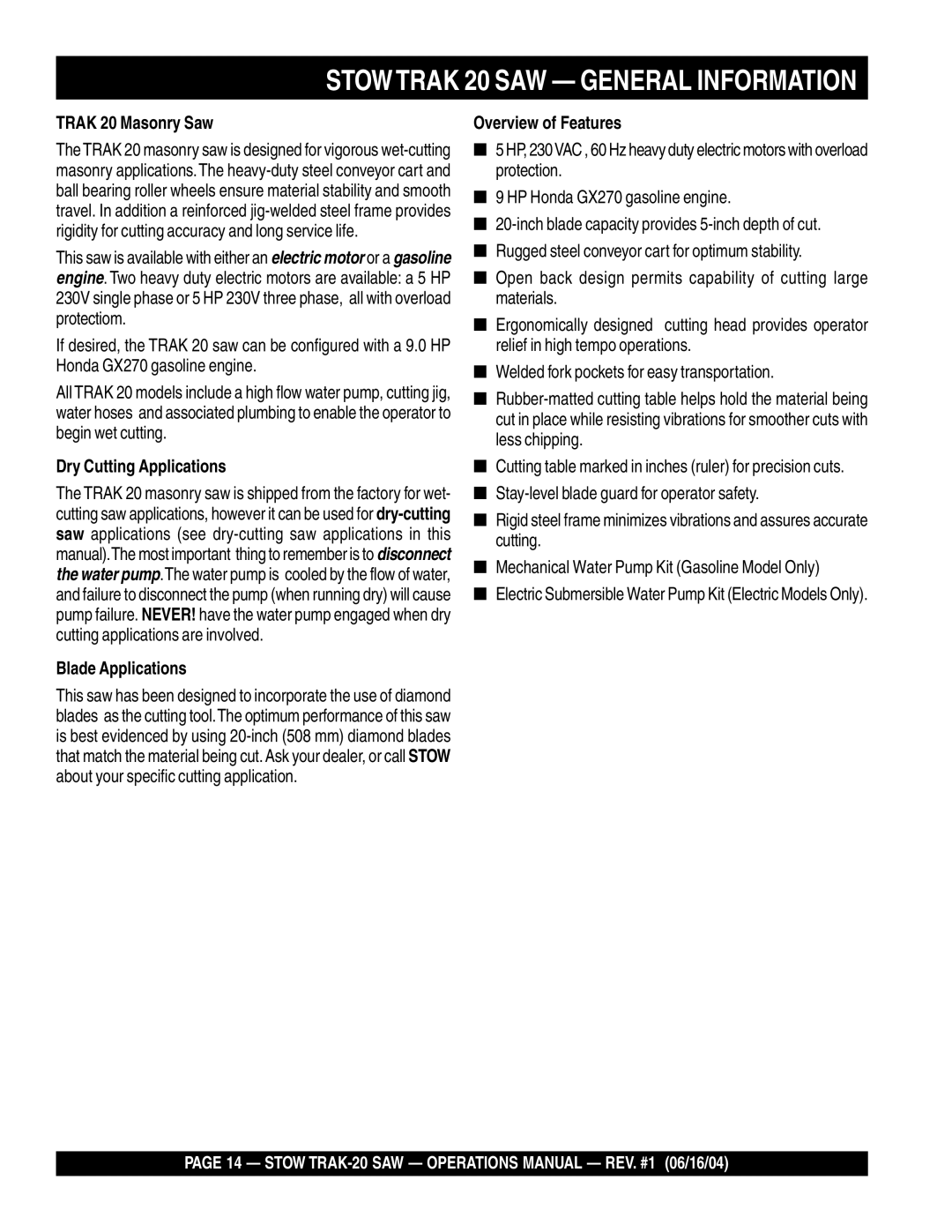 Stow MS2050E1, MS2090HP, MS2050E3 manual Stowtrak 20 SAW General Information, Trak 20 Masonry Saw 