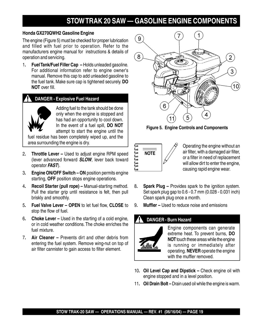 Stow MS2050E3 Stowtrak 20 SAW Gasoline Engine Components, Honda GX270QWH2 Gasoline Engine, Operating the engine without an 