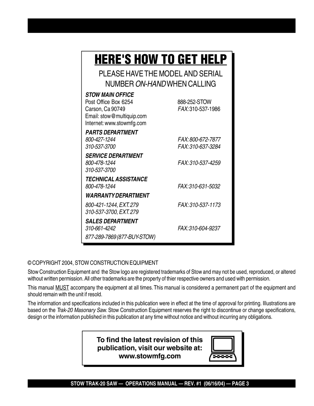 Stow MS2090HP, MS2050E3, MS2050E1 manual Post Office Box Stow Carson, Ca, Email stow@multiquip.com 