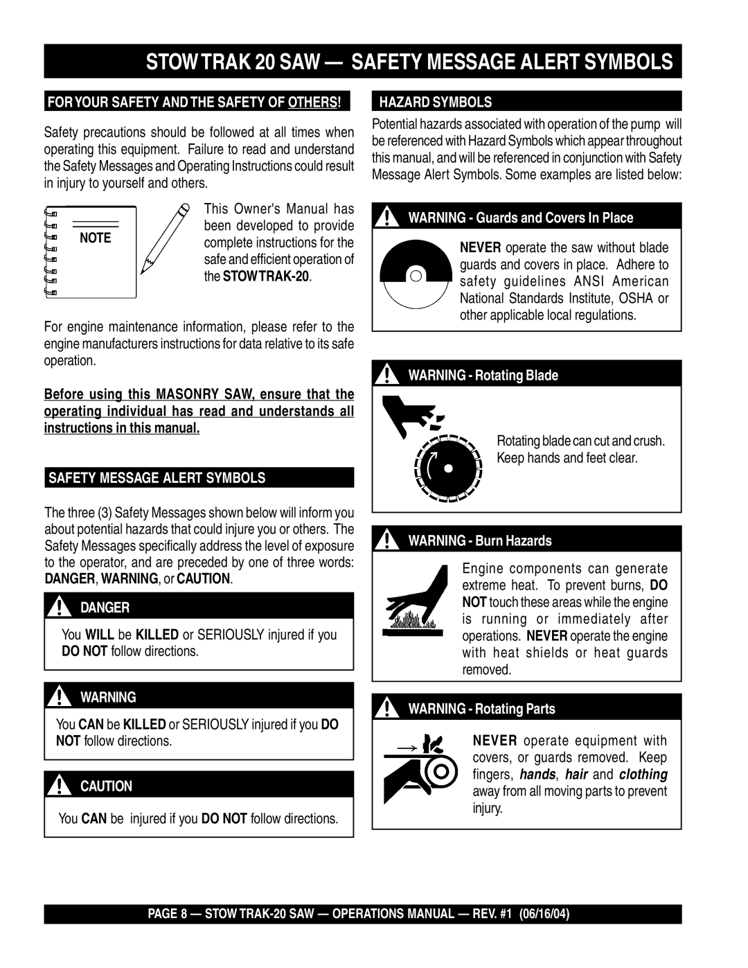 Stow MS2050E1, MS2090HP, MS2050E3 manual Stowtrak 20 SAW Safety Message Alert Symbols, Hazard Symbols 