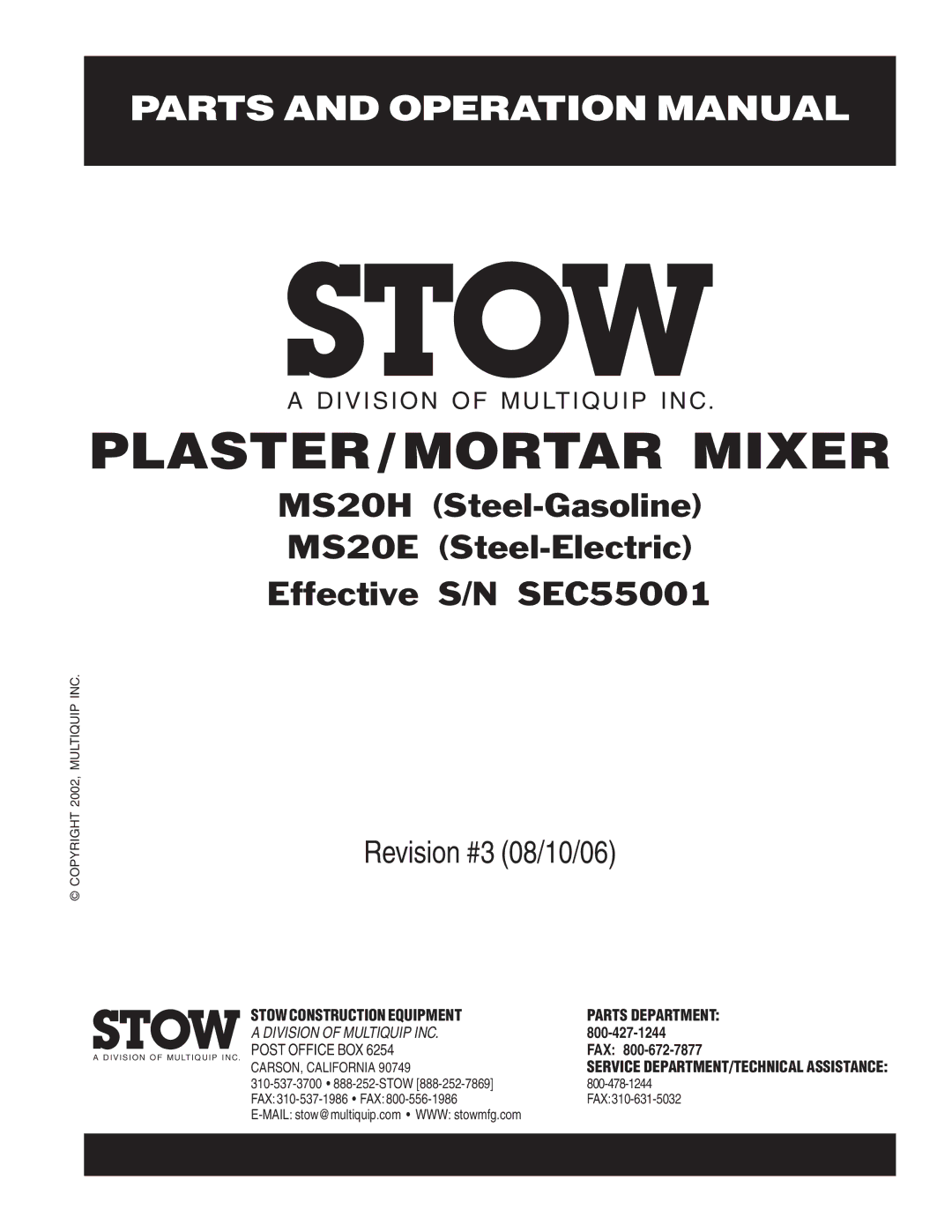 Stow MS20E, MSD0H operation manual PLASTER/MORTAR Mixer 