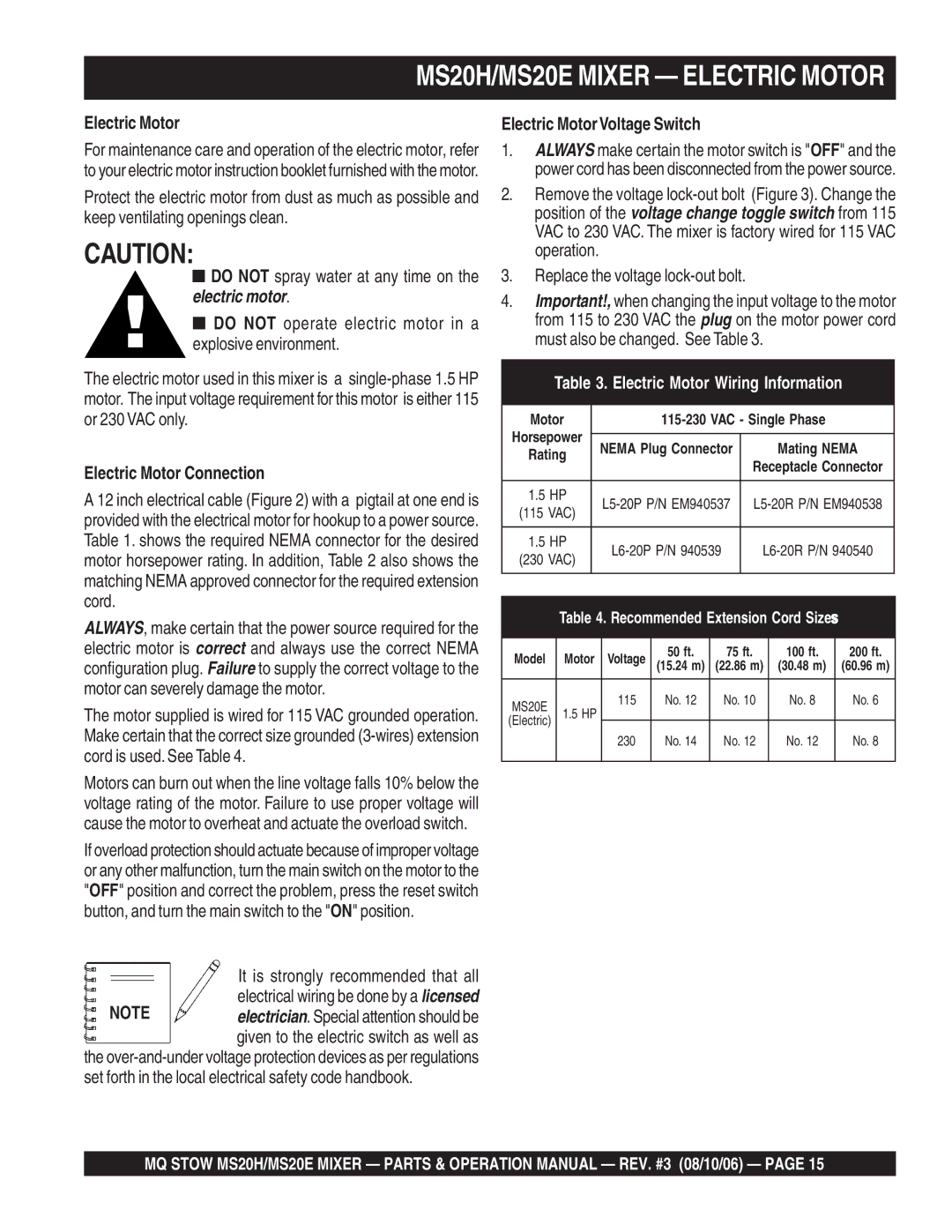 Stow MS20E, MSD0H operation manual Electric Motor Connection, Electric MotorVoltage Switch 