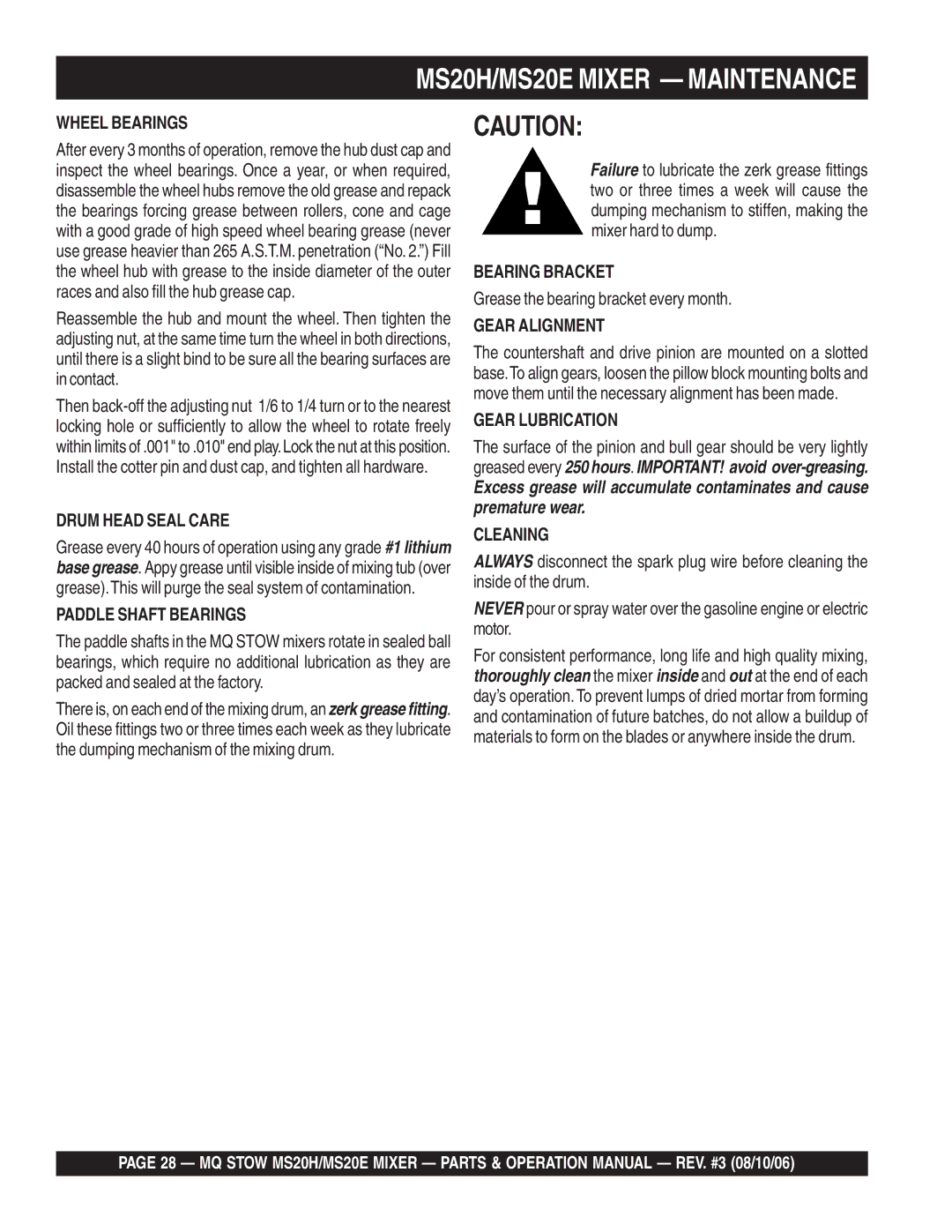 Stow MSD0H operation manual MS20H/MS20E Mixer Maintenance 