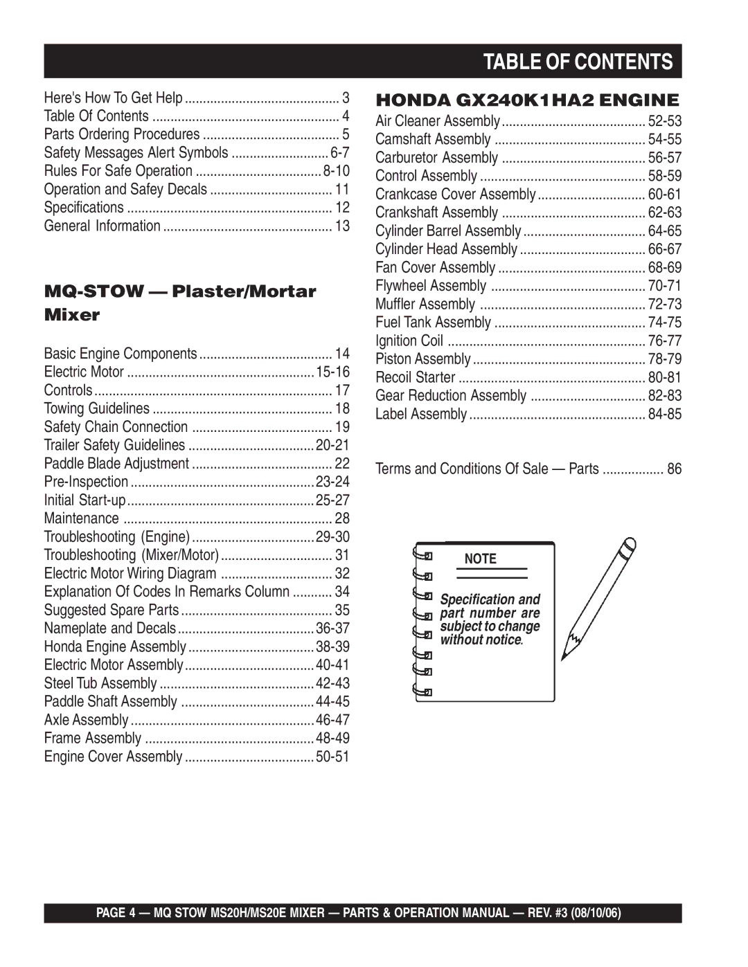 Stow MSD0H, MS20E operation manual Table of Contents 