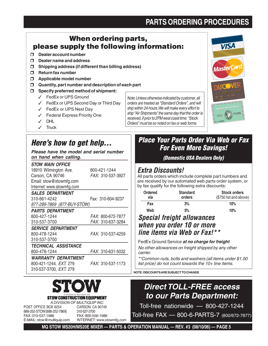 Stow MS20E, MSD0H operation manual Direct TOLL-FREE access to our Parts Department 