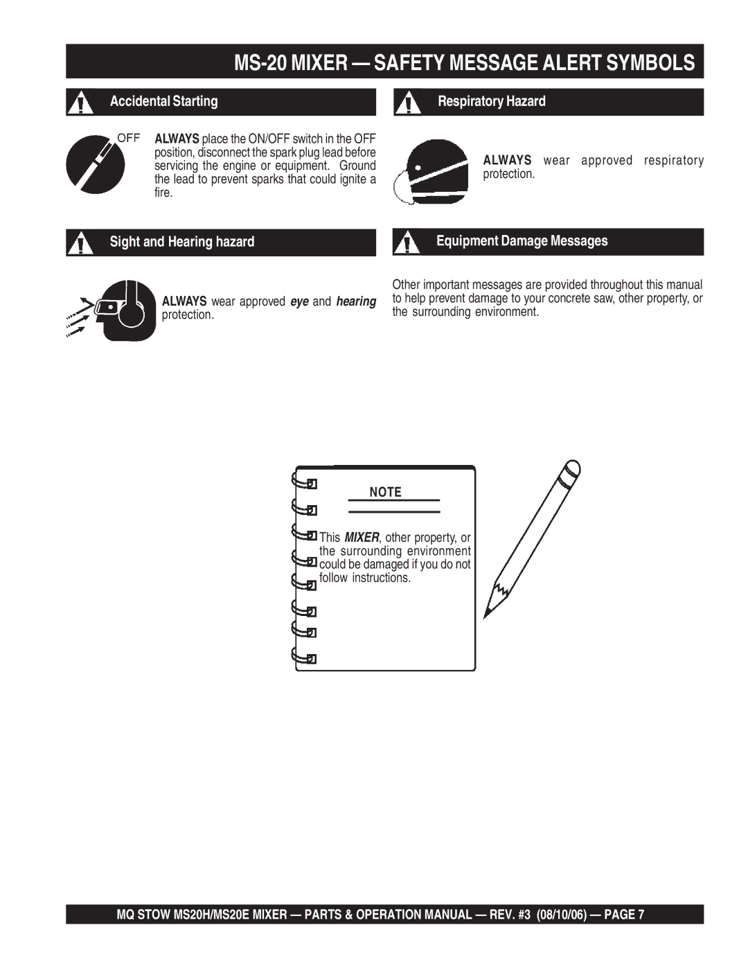 Stow MS20E, MSD0H operation manual MS-20 Mixer Safety Message Alert Symbols, Protection Surrounding environment 