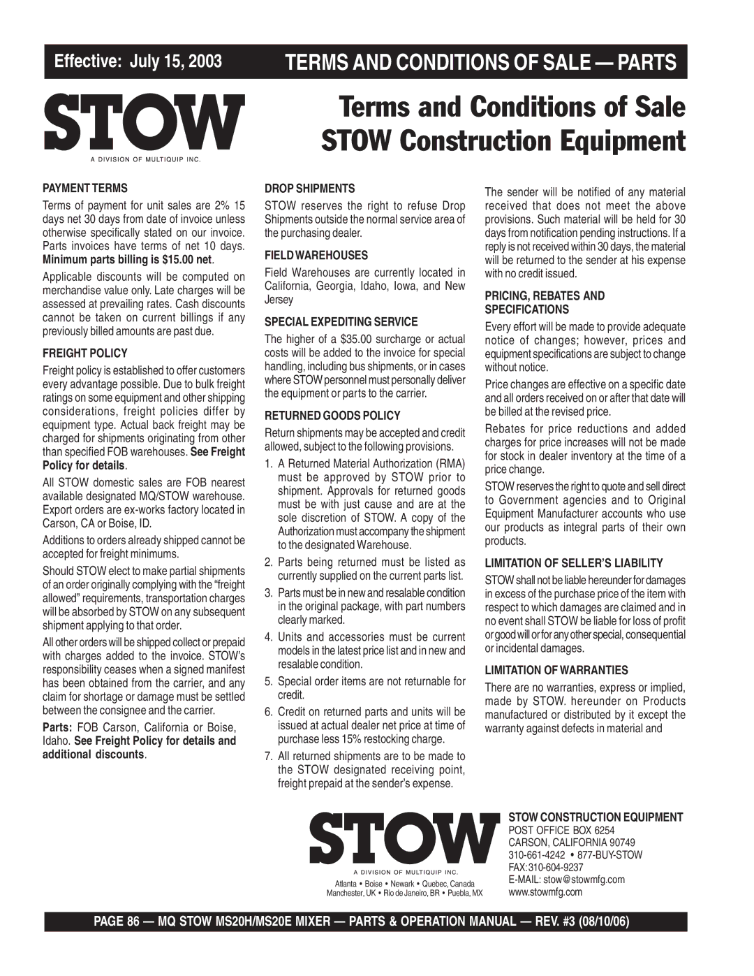 Stow MSD0H, MS20E operation manual Terms and Conditions of Sale Stow Construction Equipment 