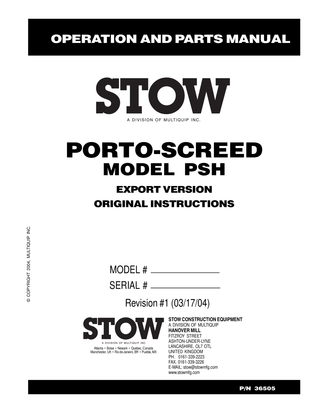 Stow PSH manual Porto-Screed 