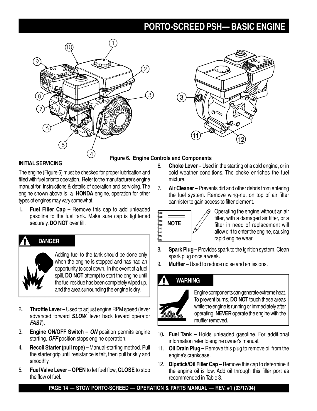 Stow PSH Initial Servicing, Mixture, Spark plug once a week, Muffler Used to reduce noise and emissions, Muffler removed 