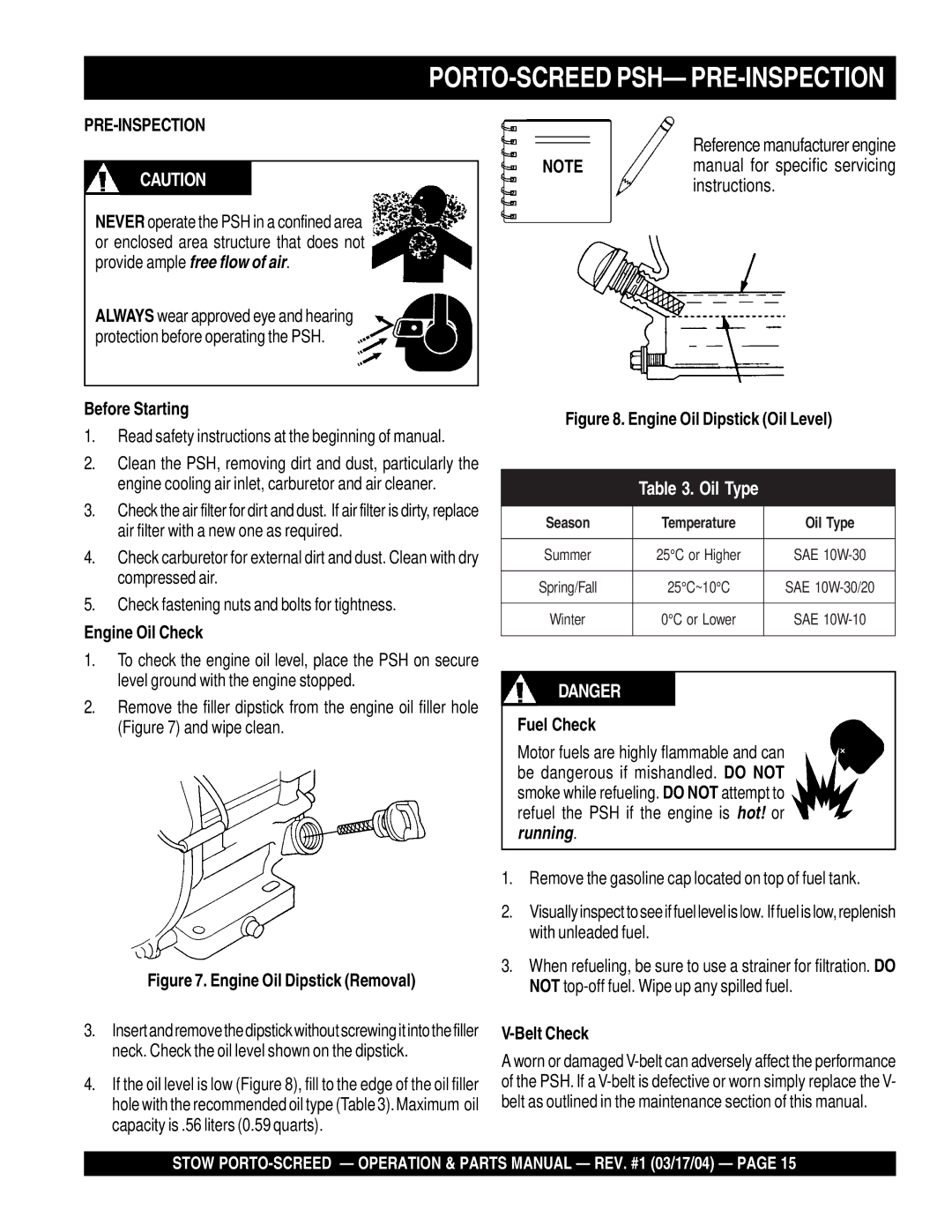 Stow PSH manual Pre-Inspection, Before Starting, Engine Oil Check, Fuel Check, Belt Check 