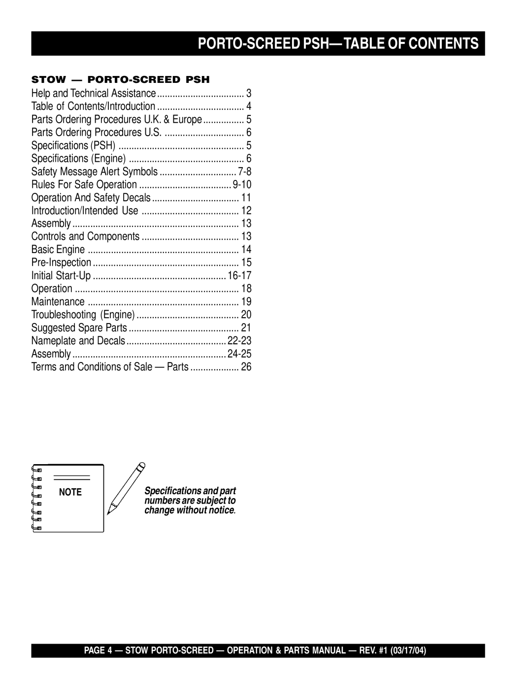 Stow manual PORTO-SCREED PSH-TABLE of Contents 