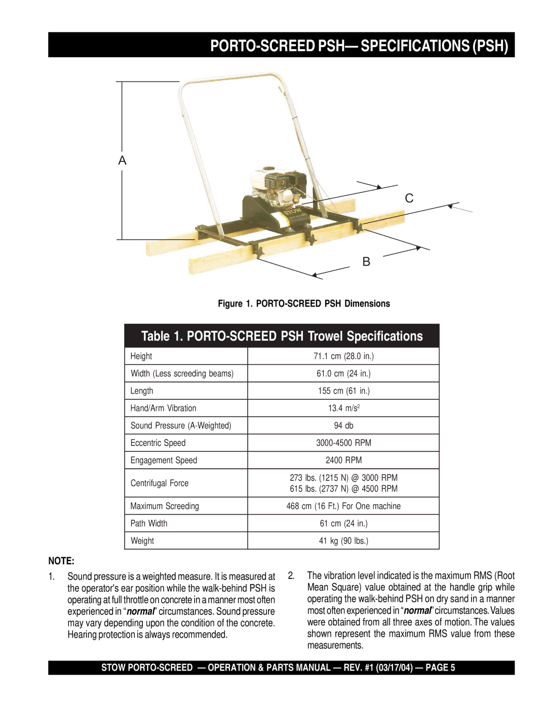 Stow manual PORTO-SCREED PSH- Specifications PSH, PORTO-SCREED PSH Dimensions 