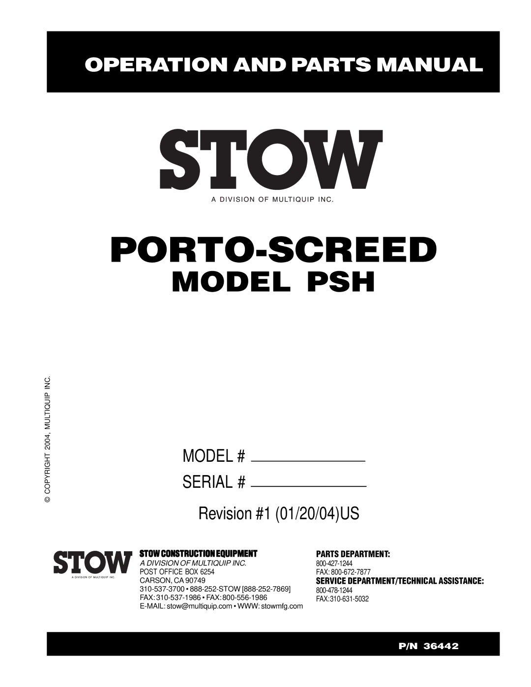 Stow PSH manual Porto-Screed 