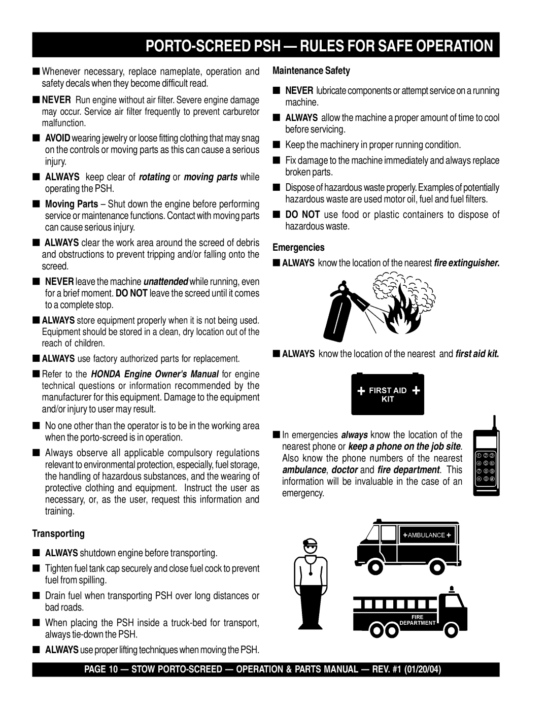 Stow PSH manual Transporting, Maintenance Safety, Emergencies 