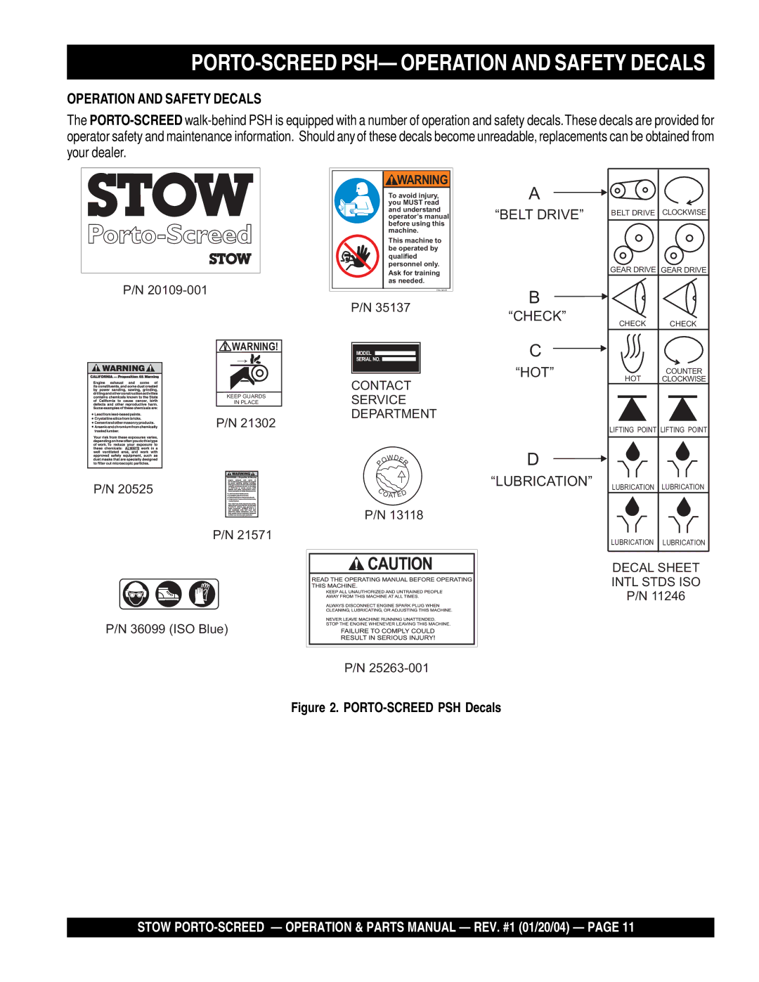 Stow manual Operation and Safety Decals, PORTO-SCREED PSH Decals 