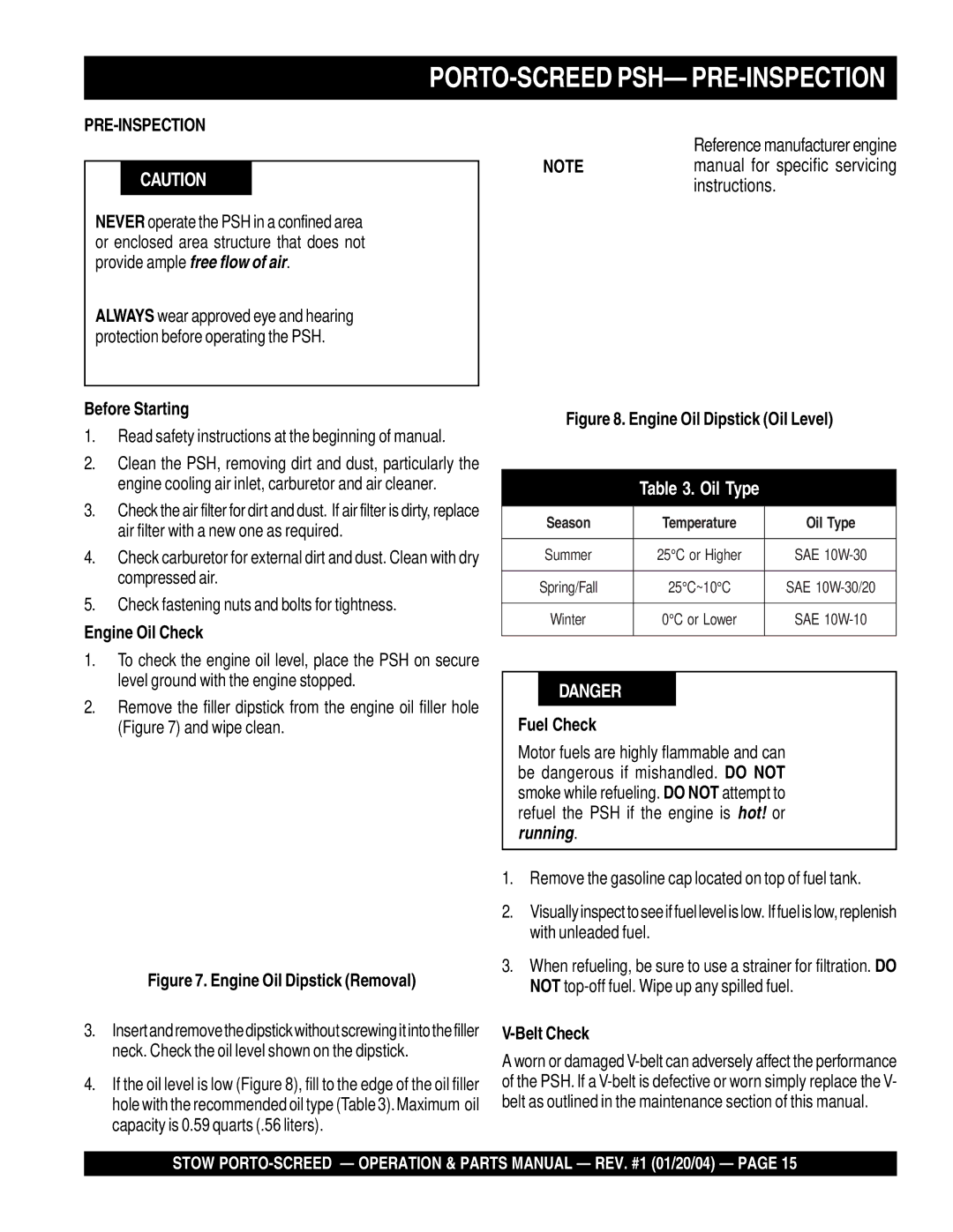 Stow PSH manual Pre-Inspection, Before Starting, Engine Oil Check, Fuel Check, Belt Check 