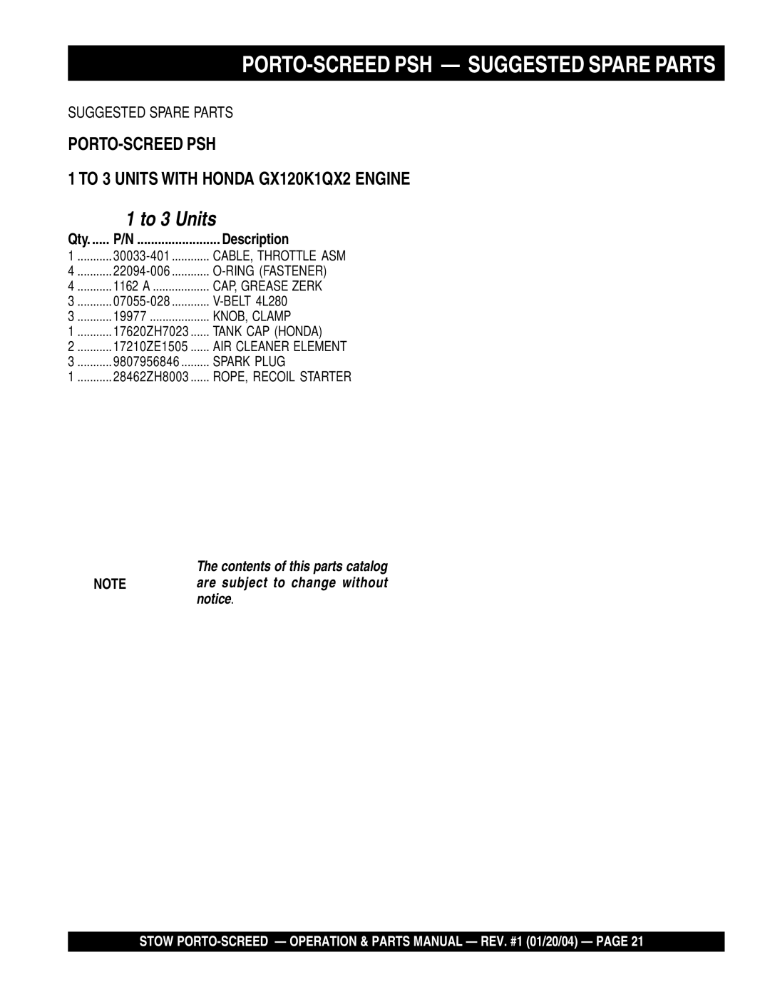 Stow manual PORTO-SCREED PSH Suggested Spare Parts, Belt 4L280 