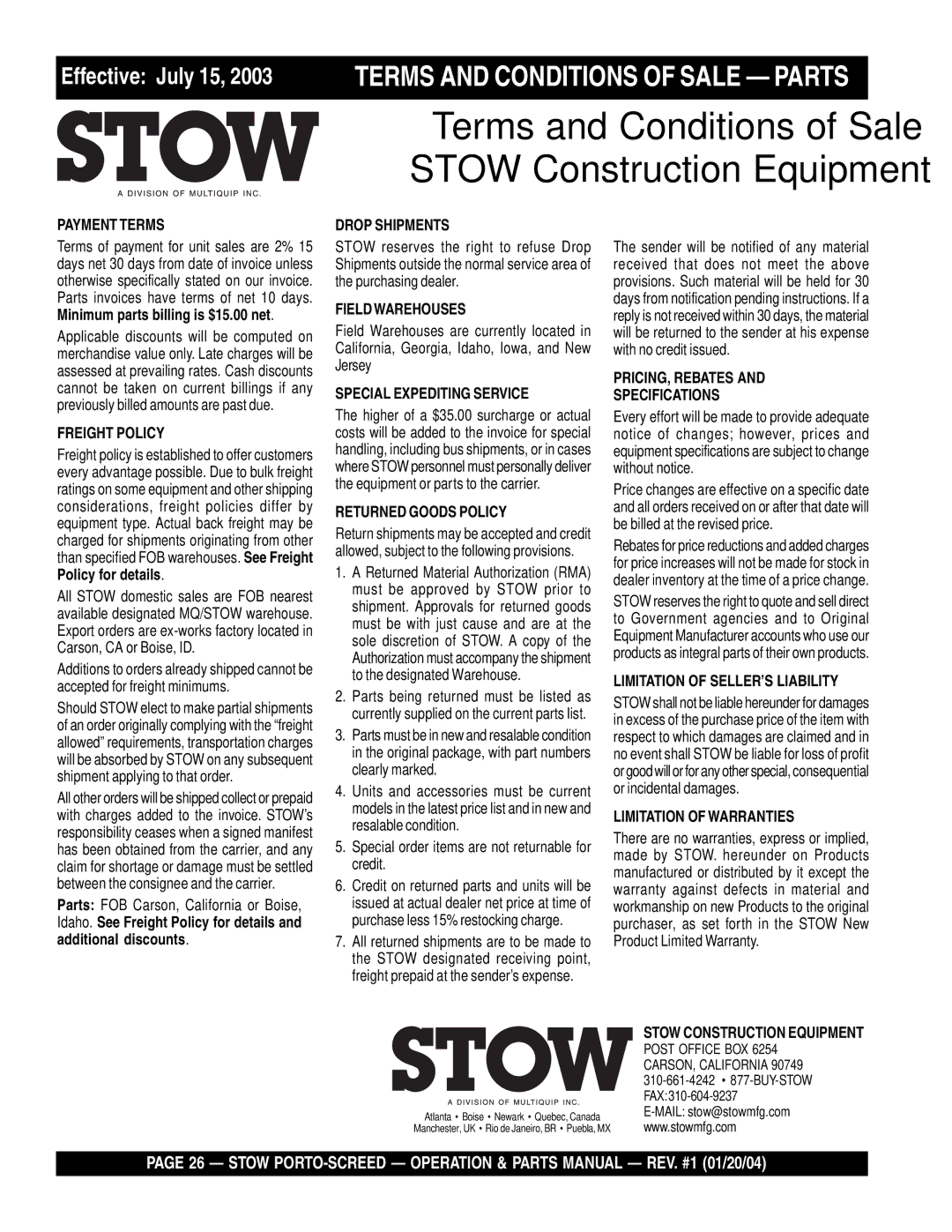 Stow PSH manual Terms and Conditions of Sale 