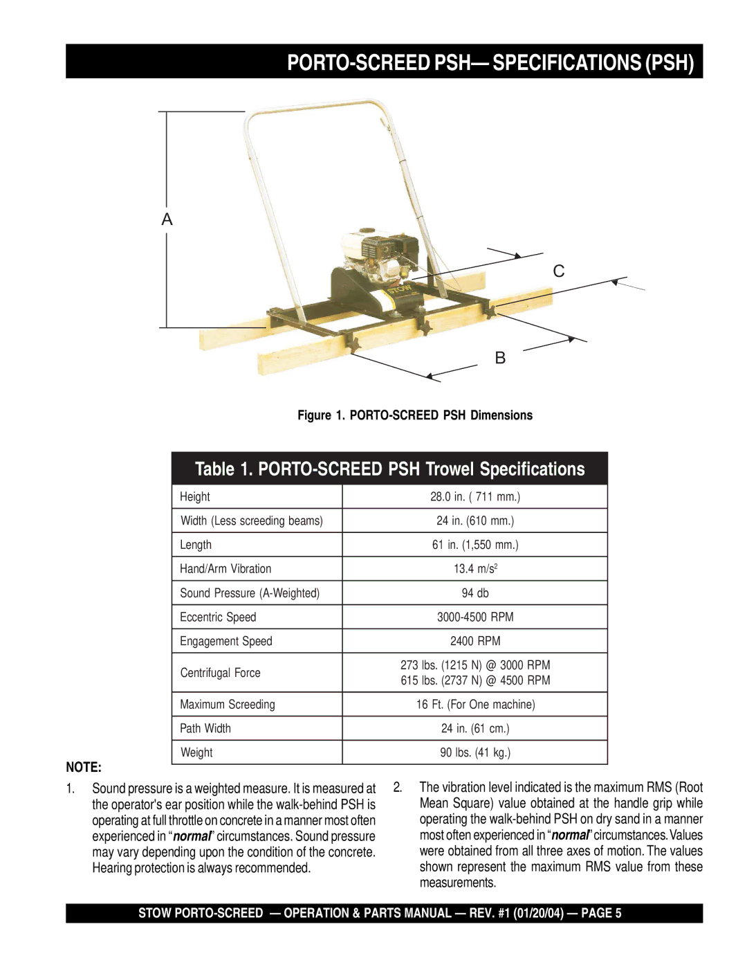 Stow manual PORTO-SCREED PSH- Specifications PSH, PORTO-SCREED PSH Dimensions 