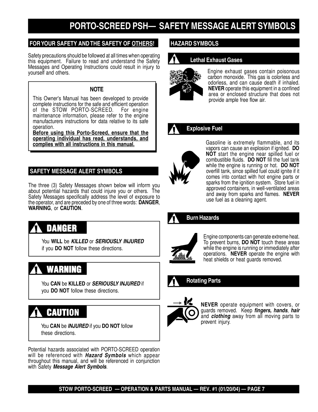 Stow manual PORTO-SCREED PSH- Safety Message Alert Symbols, If you do not follow these directions 