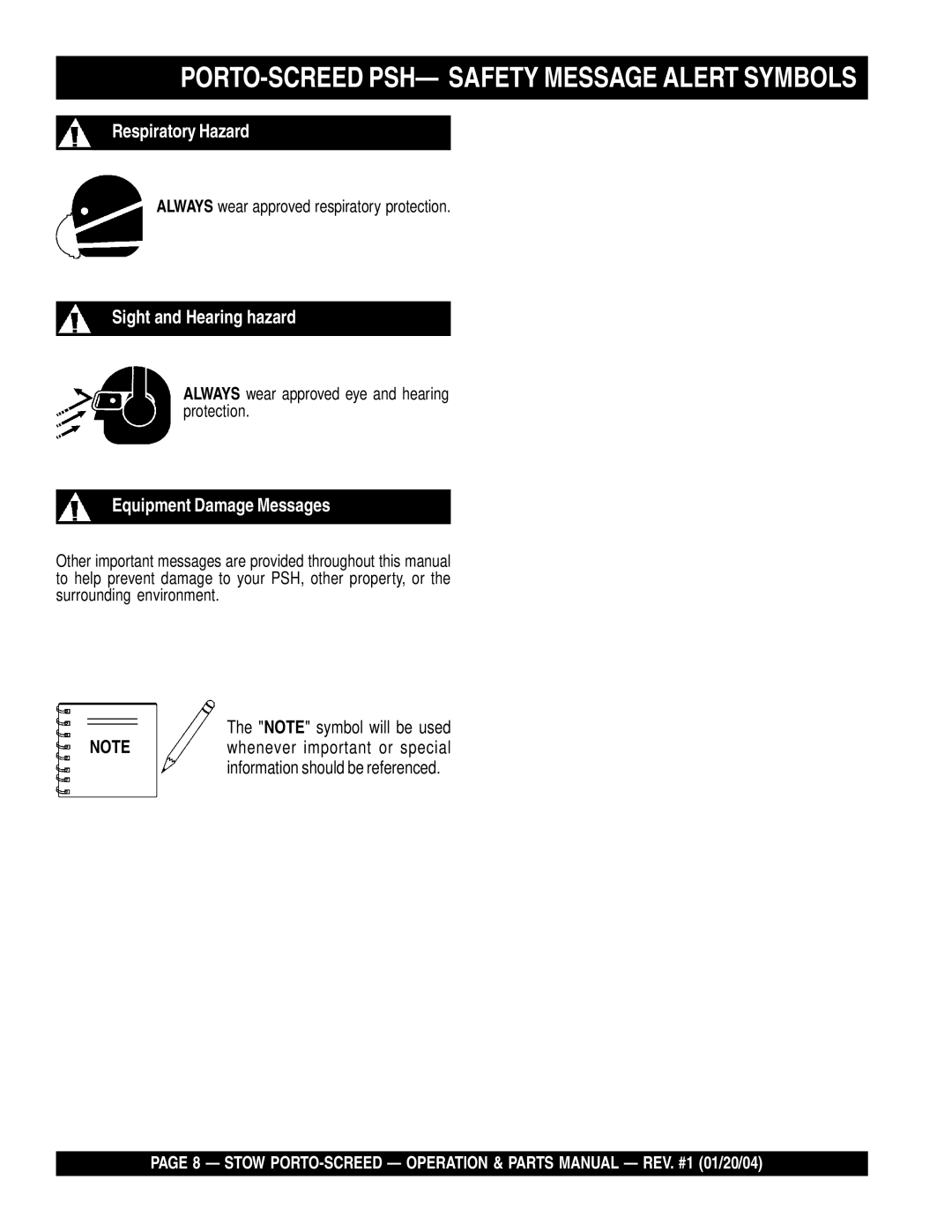 Stow manual PORTO-SCREED PSH- Safety Message Alert Symbols, Always wear approved respiratory protection 