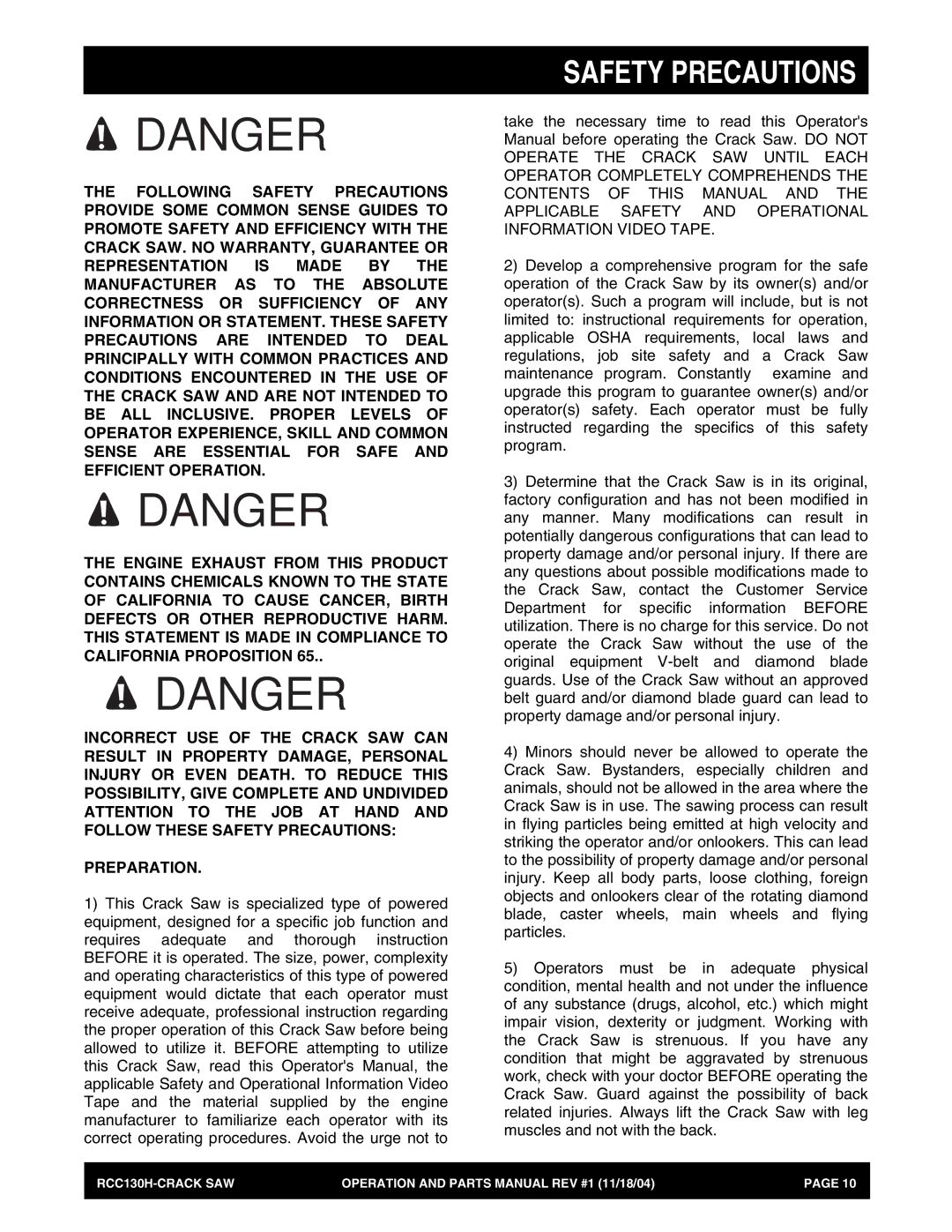 Stow RCC130H manual Safety Precautions 