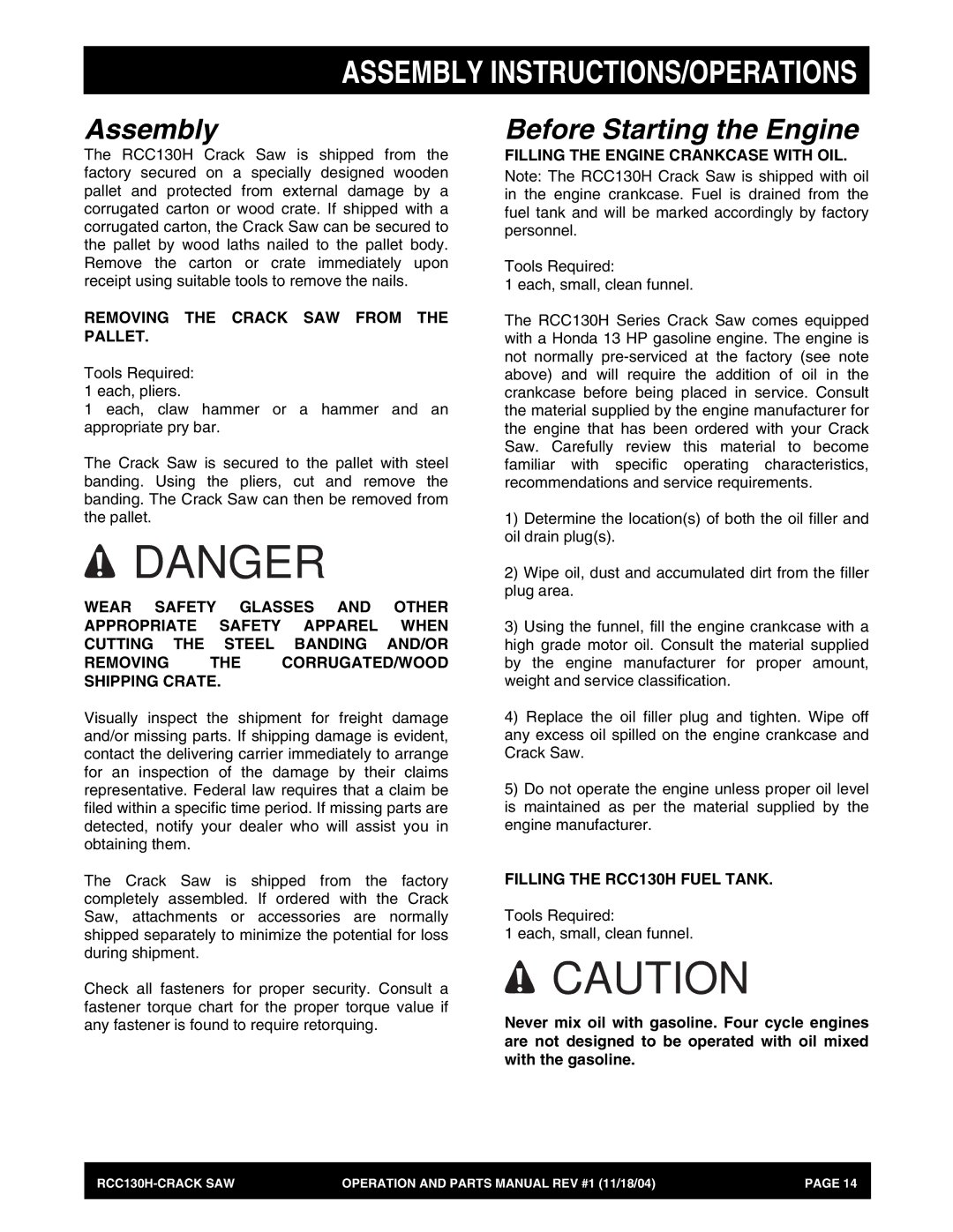 Stow manual Assembly, Before Starting the Engine, Removing the Crack SAW from the Pallet, Filling the RCC130H Fuel Tank 