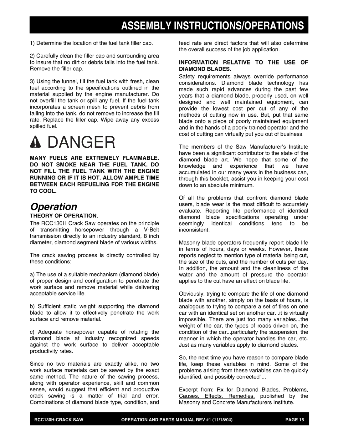 Stow RCC130H manual Theory of Operation, Information Relative to the USE of Diamond Blades 