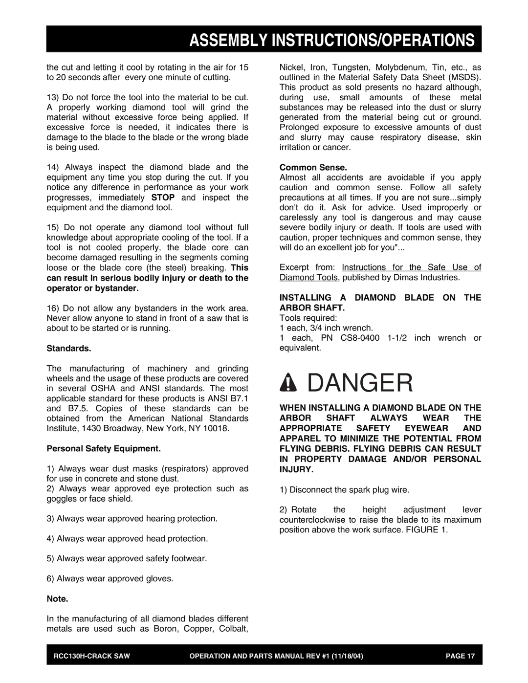 Stow RCC130H manual Standards, Personal Safety Equipment, Common Sense, Installing a Diamond Blade on the Arbor Shaft 