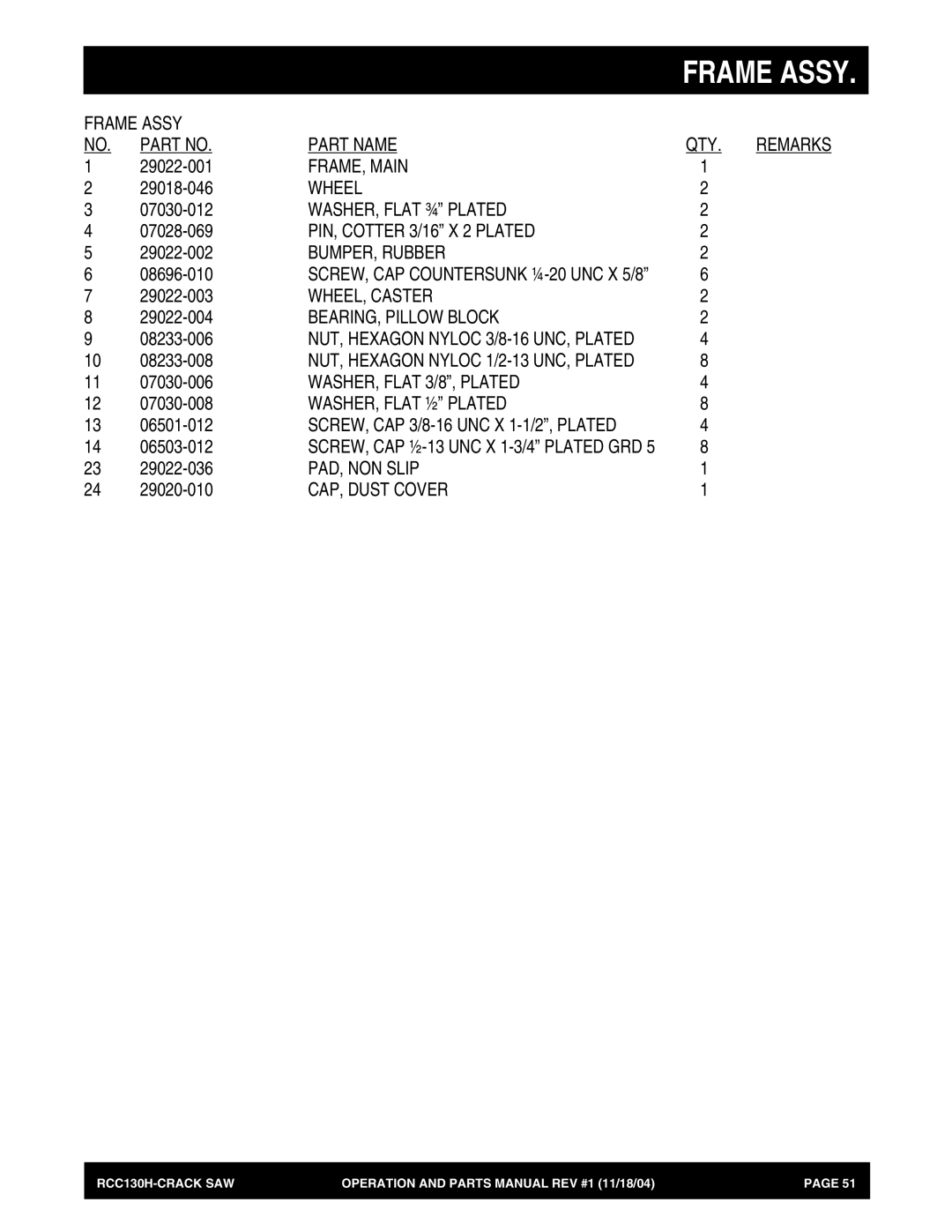 Stow RCC130H manual Frame Assy Part Name 