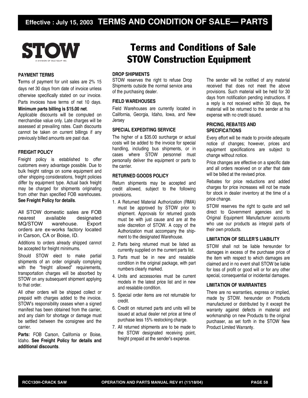 Stow RCC130H manual Payment Terms, Freight Policy, Drop Shipments, Field Warehouses, Special Expediting Service 