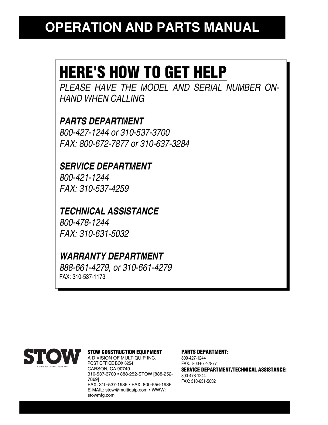 Stow RCC130H manual Heres HOW to GET Help 