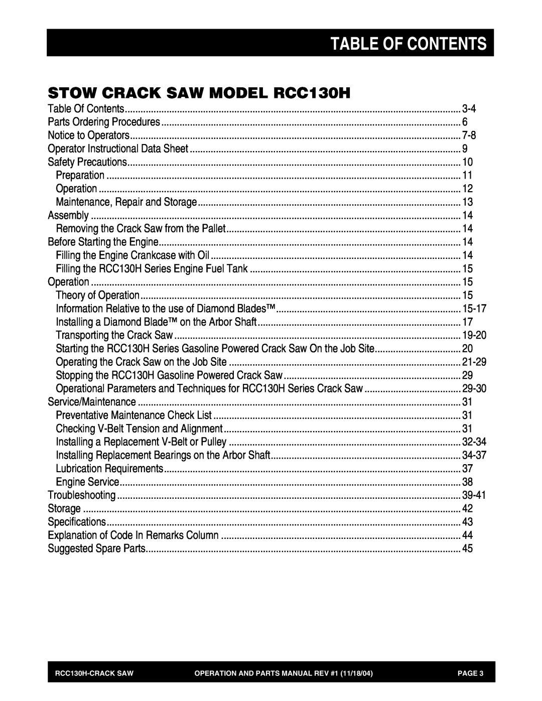 Stow manual Table Of Contents, STOW CRACK SAW MODEL RCC130H 