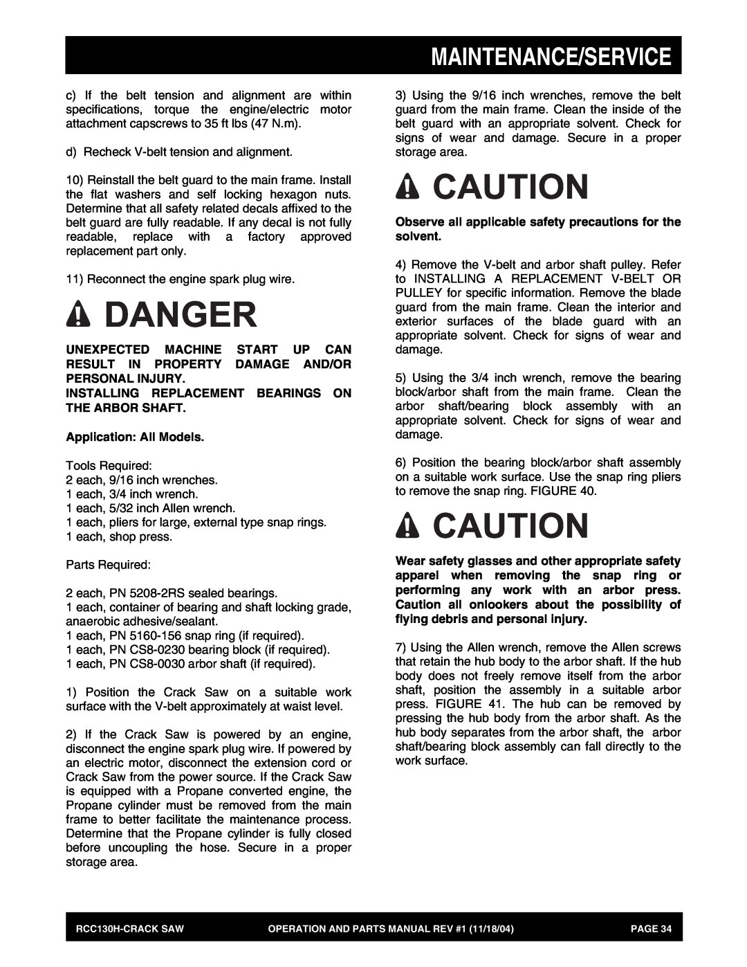Stow RCC130H manual Danger, Maintenance/Service 