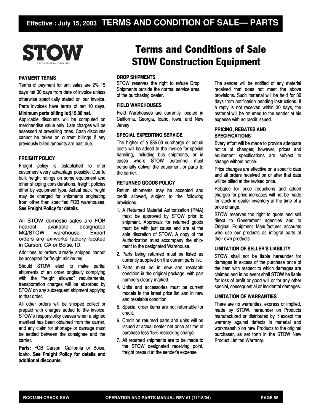 Stow RCC130H manual Terms and Conditions of Sale, STOW Construction Equipment 