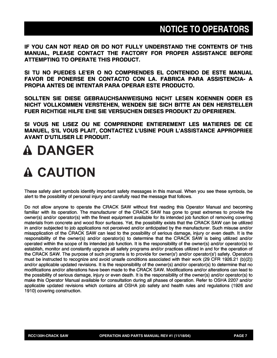Stow RCC130H manual Danger, Notice To Operators 