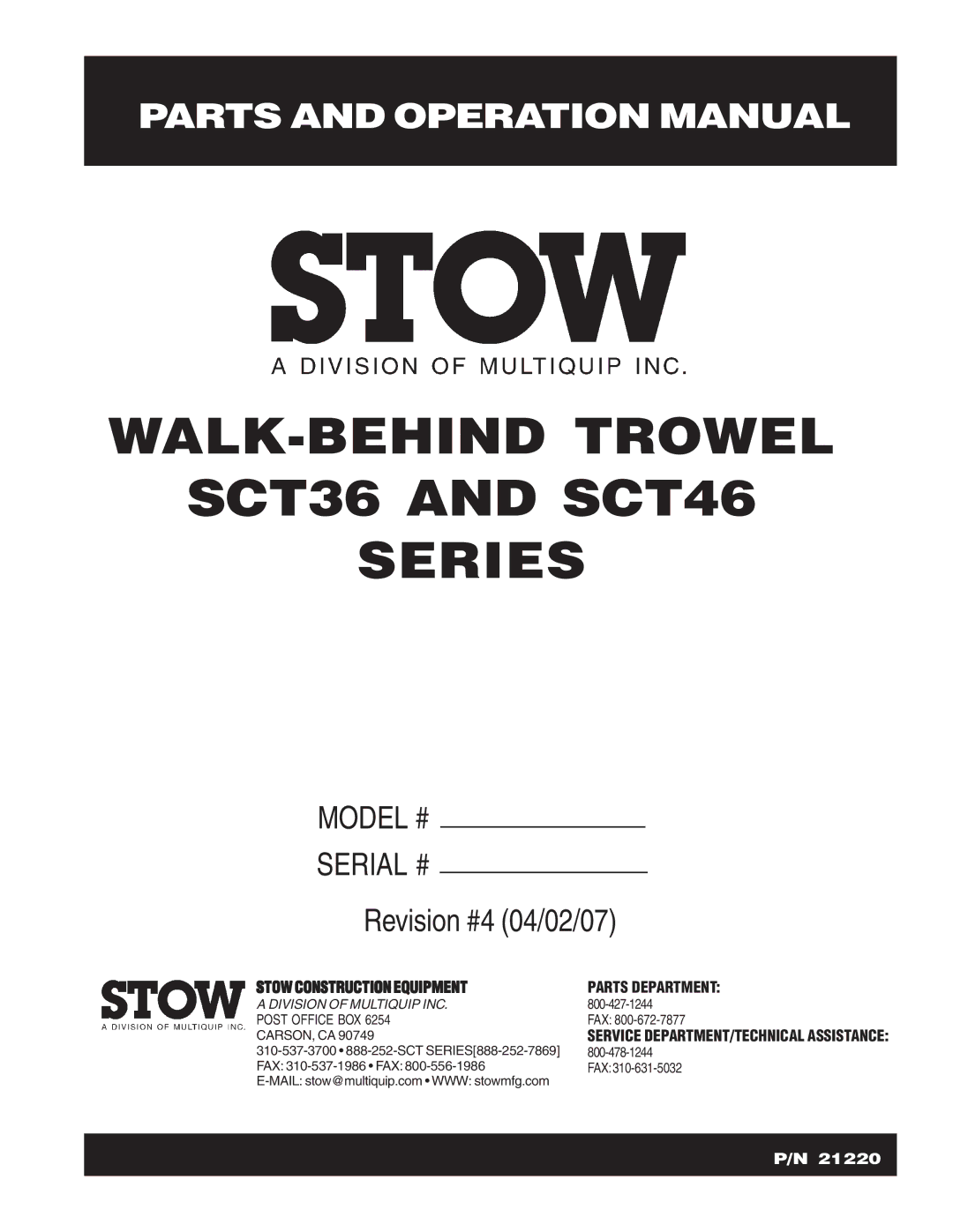 Stow operation manual WALK-BEHIND Trowel SCT36 and SCT46 Series 