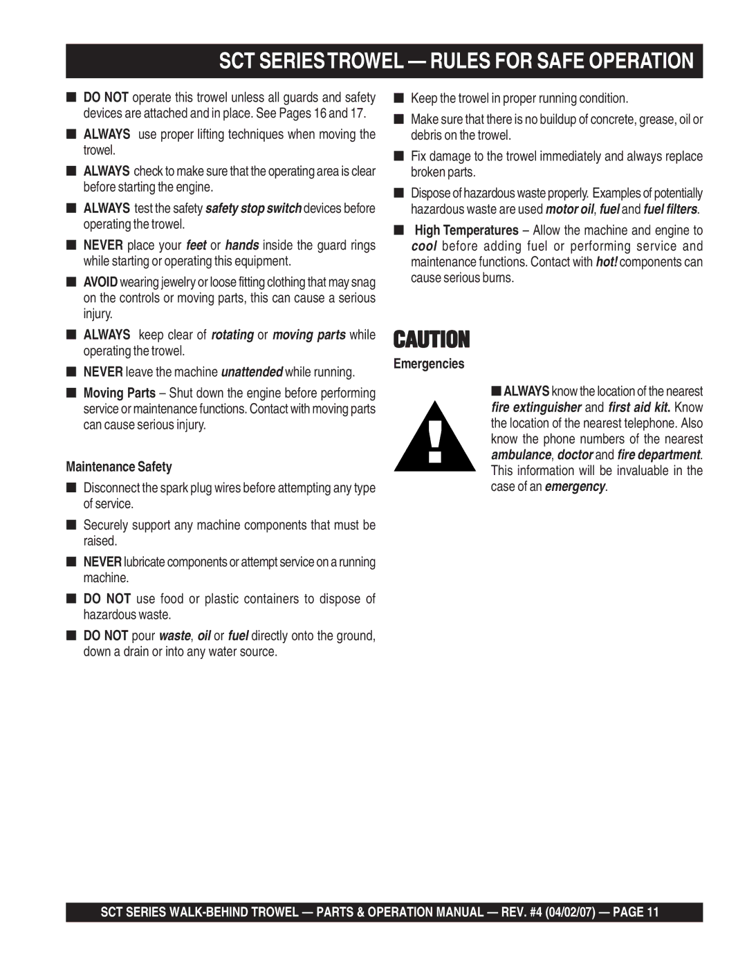 Stow SCT36, SCT46 operation manual Maintenance Safety, Emergencies 